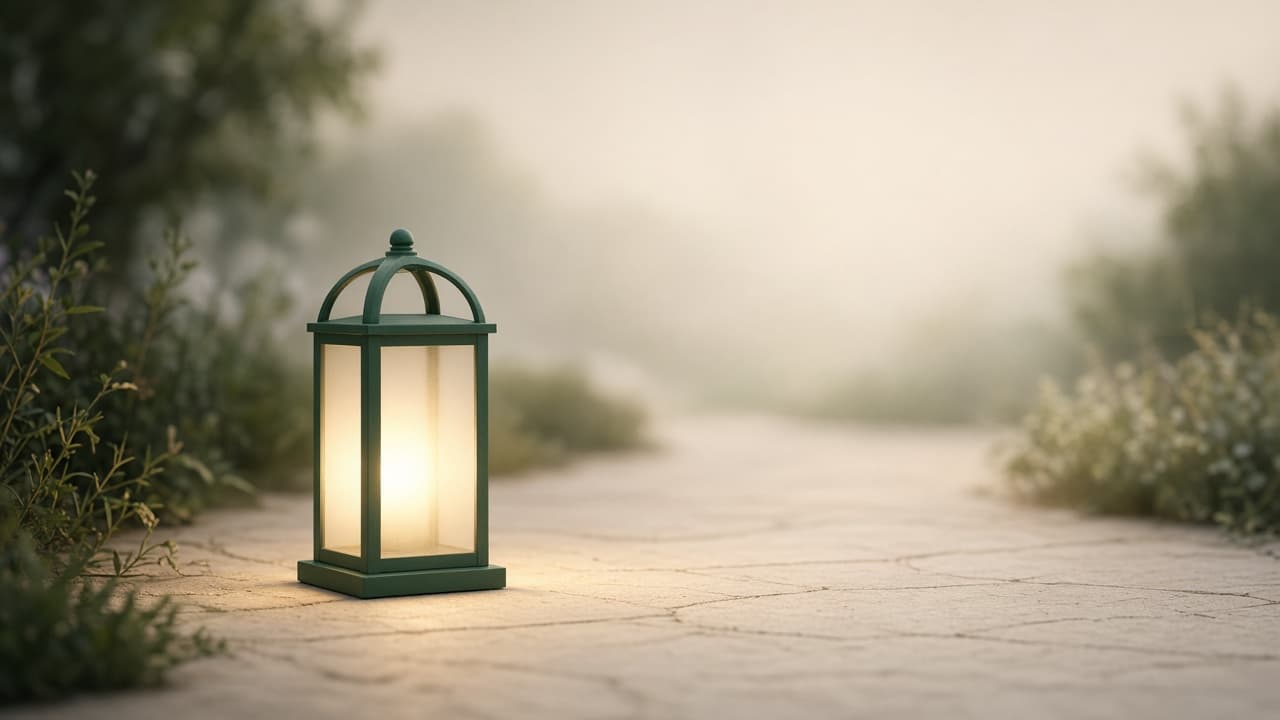 A brass lantern glowing beside a dark green door
